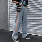 Pantalones holgados de cintura alta retro con líneas laterales de mezclilla azul melocotón